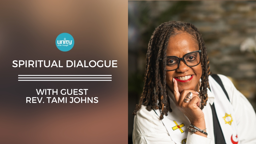 Reverend Tami Johns wearing a white shirt and interfaith prayer shawl. Spiritual Dialogue at Unity of the Triangle