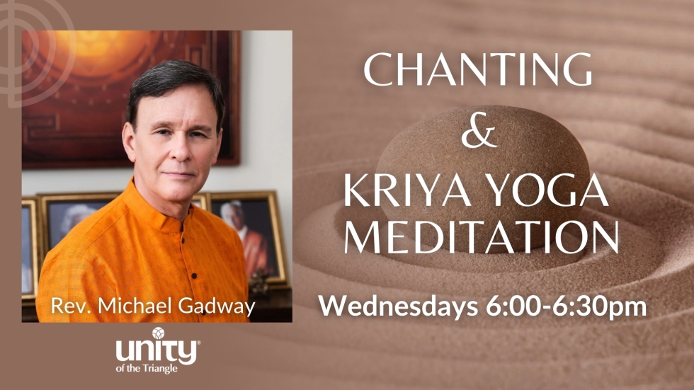Chanting and Kriya meditation with Michael Gadway, wearing orange tab collared shirt.