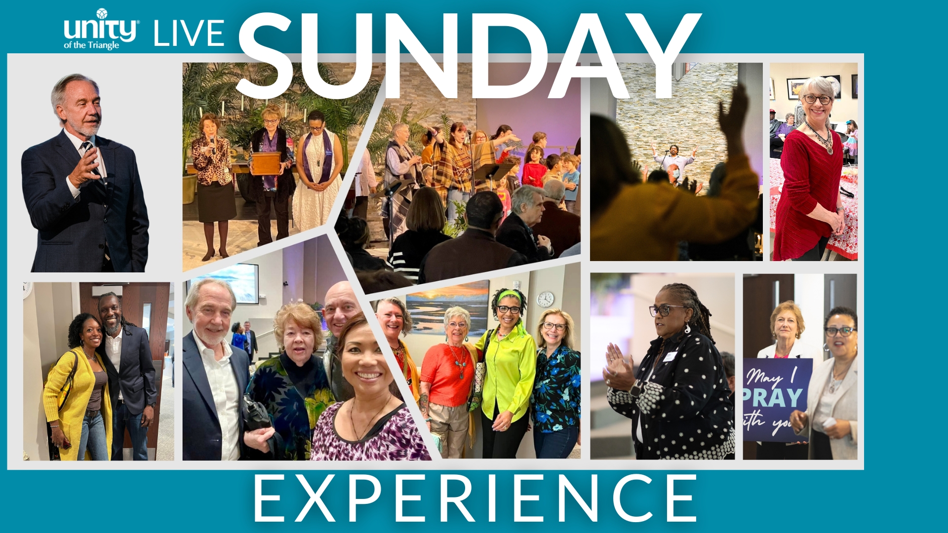 Sunday Experience at Unity of the Triangle. People of all races, ages shown in a mosaic of photos. Rev. Neusom Holmes.