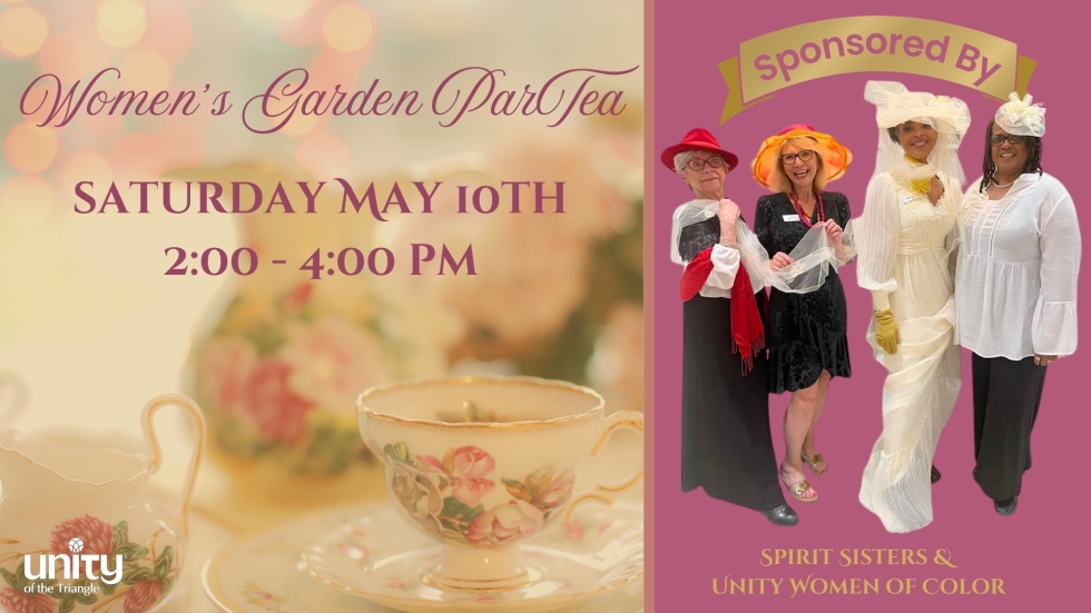 Four ladies dressed in victorian style hats and flowy dresses at a Victorian inspired tea party