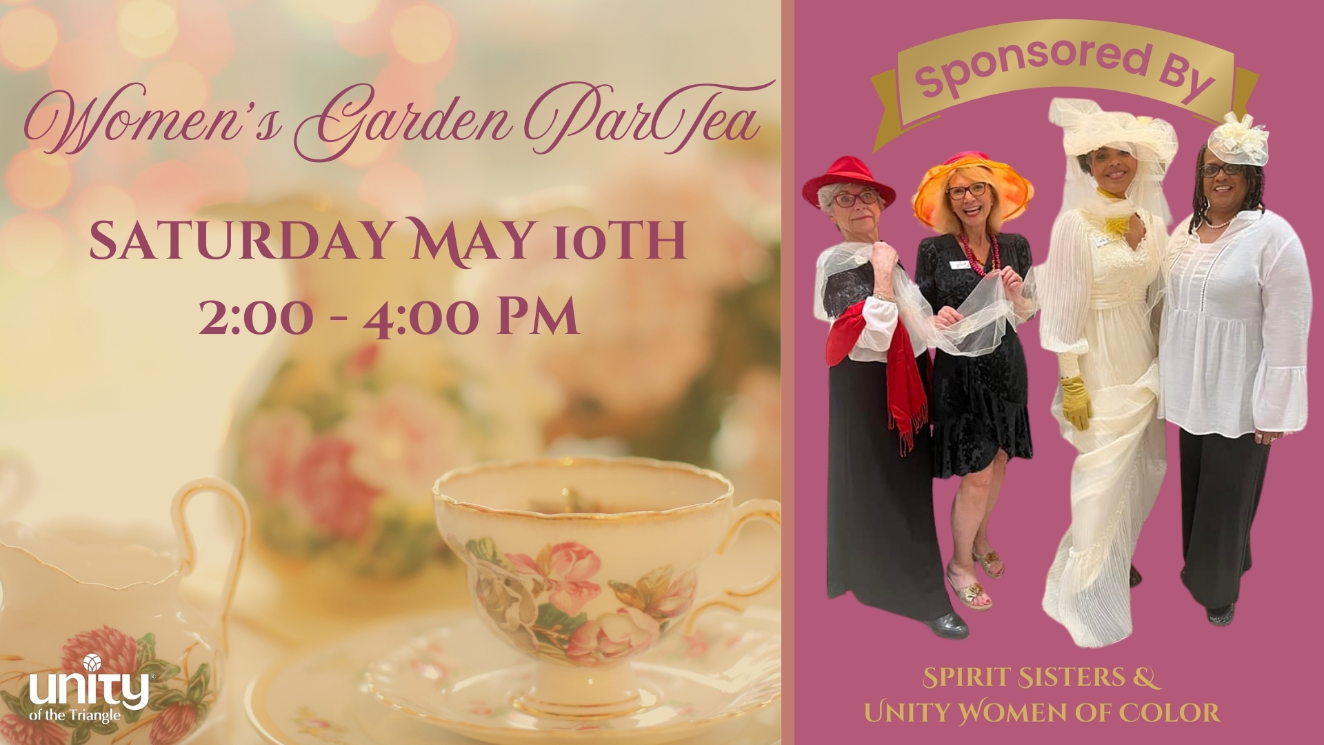 Four ladies dressed in victorian style hats and flowy dresses at a Victorian inspired tea party