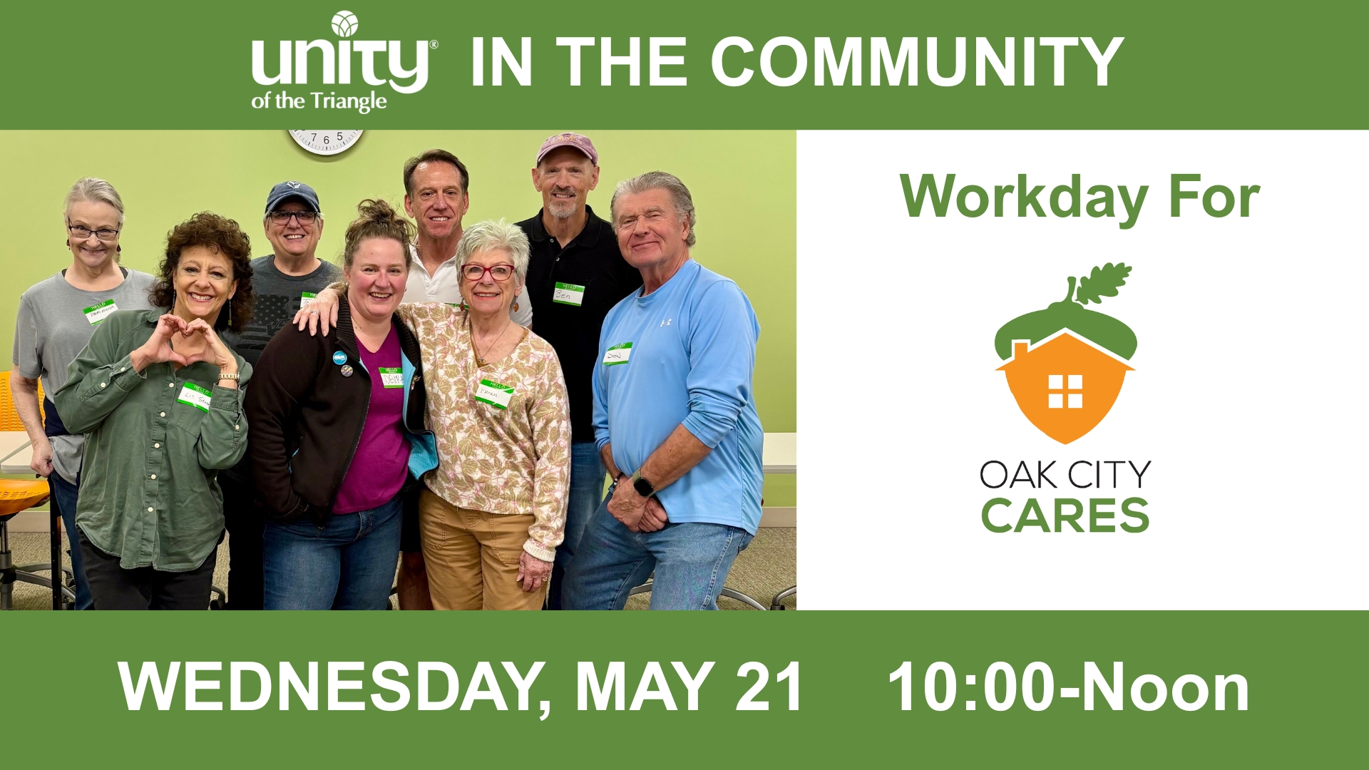 group of 8 people smiling at camera with arms around each other while volunteering at Oak City Cares