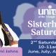 Rev Tam Johns wearing a black glasses, white shirt, and purple interfaith minister shawl. Text Sisterhood Saturday women's ministry at Unity of the Triangle 10a-Noon starting June 14.