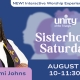 Rev Tam Johns wearing a black glasses, white shirt, and purple interfaith minister shawl. Text Sisterhood Saturday women's ministry at Unity of the Triangle august ninth from ten to eleven thirty.