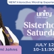 Rev Tam Johns wearing a black glasses, white shirt, and purple interfaith minister shawl. Text Sisterhood Saturday women's ministry at Unity of the Triangle july twelfth from ten to eleven thirty.