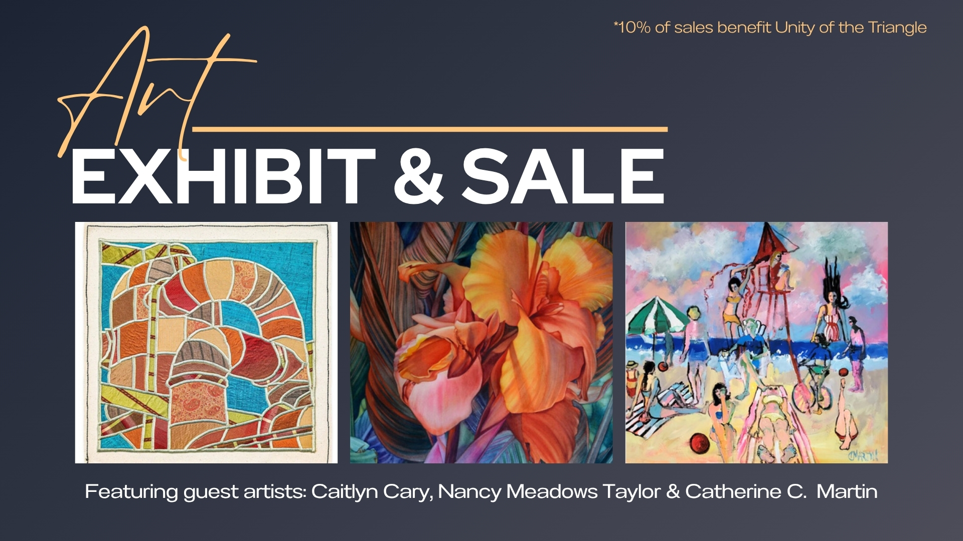 art exhibit and sale featuring oil paintings and textile art from caityn cary, nancy meadows taylor and catherine c. martin. Logo of unity of the triangle