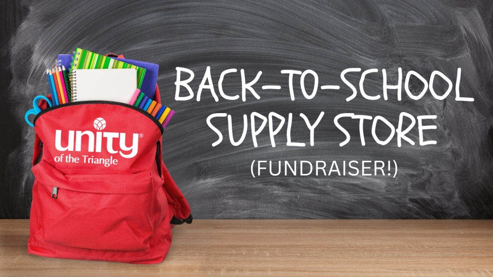 School supply fundraiser. Red backpack with Unity of the Triangle logo on it. Blackboard and table top background