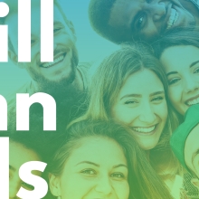 group of millennials faces leaning down to the camera with the word "Millennials" down the left side. Green overlay.