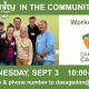 Four women and four men in a close group smiling in front of Oak City Cares sign. Unity of the Triangle logo. Text: Workday Wednesday September 3.