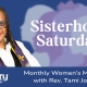 Reverend Tami Johns in a white shirt with purple interfaith sash. Text Sisterhood Saturday, monthly Women's Ministry at Unity of the Triangle