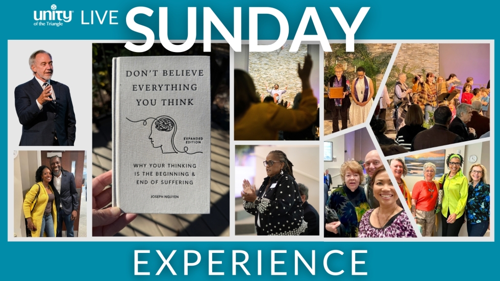 Various pictures in a mosaic showing people enjoying the Sunday Experience at Unity of the Triangle