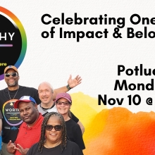 diverse group of men and women wearing black tshirts with Worthy pride logo. LGBTQ+ meetings on second Mondays of the month at 7p, Unity of the Triangle. Potluck Nov 10, 2025