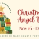 graphic shows christmas tree made up of presents with a gold star on top. text: christmas angel tree, november 16 through december 7, 2025. unity of the triangle