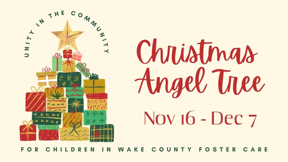 graphic shows christmas tree made up of presents with a gold star on top. text: christmas angel tree, november 16 through december 7, 2025. unity of the triangle