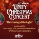 27th annual unity christmas parade. bubbly red light background with photos of Jay Wright in a red shirt and hat. Tim Smith in a black suit and red shirt. And two photos of the choir.