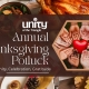 beautiful thanksgiving potluck food turkey and traditional side dishes. diverse hands together hold a red heart.