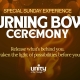 burning bowl ceremony at unity of the triangle on a background that's orange, brown, yellow with a muted image of fire.