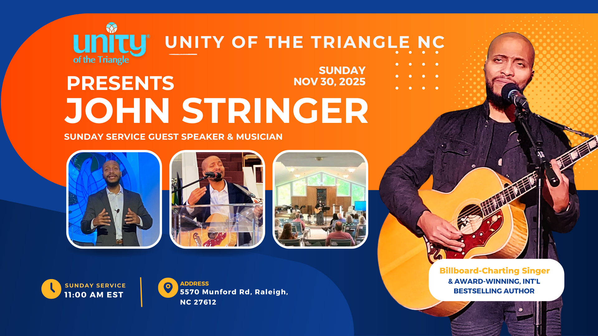 flyer depicting John Springer singing with guitar, speaking in church, playing drums. Unity of the Triangle hosts John on November 30, 2025