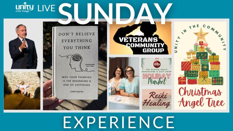 SUNDAY EXPERIENCE montage showing Rev Neusom Holmes, music, book, reiki, veterans group, angel tree, holiday market