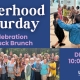 Sisterhood Saturday is a women's ministry. photos show a group of middle aged women dancing and another large group of multicultural women in a posed group picture. text: Celebration Potluck, December 6 2025.Unity of the Triangle