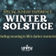 bluish grey background with reflective lights and stars. text "special sunday experience. winter solstice. Finding the light in life's darker moments. unity of the triangle