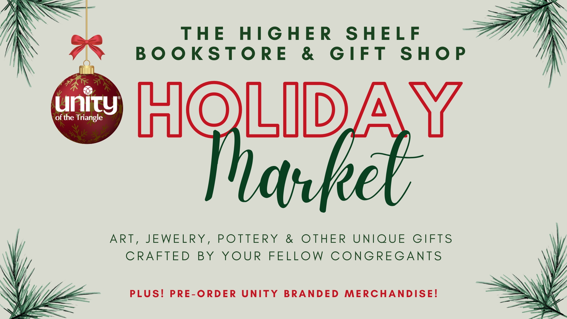 2025 Holiday Market at Unity of the Triangle on November 16, 10am to 1:30pm. Open to the public.