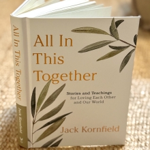 Photo of book standing on it's edge slightly open on jute carpet. Book title is