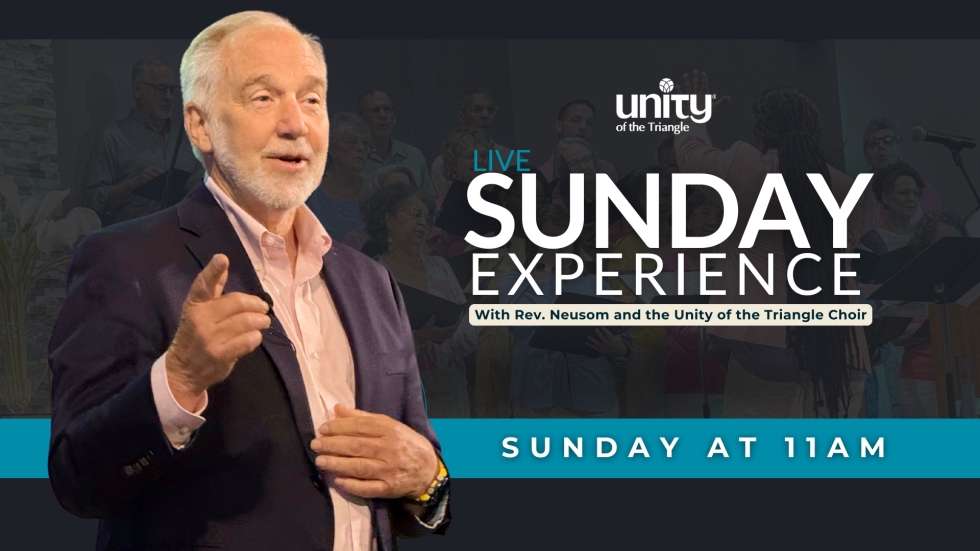 Rev Neusom Holmes pictured in black suit jacket and pink shirt. Text: Live Sunday Experience at Unity of the Triangle, Sunday at 11.