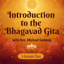 Buddhist inspired background of yellow, umber, burnt sienna with lotus flowers and the words "Introduction to the Bhagavad Gita with Rev. Michael Gadway" at Unity of the Triangle