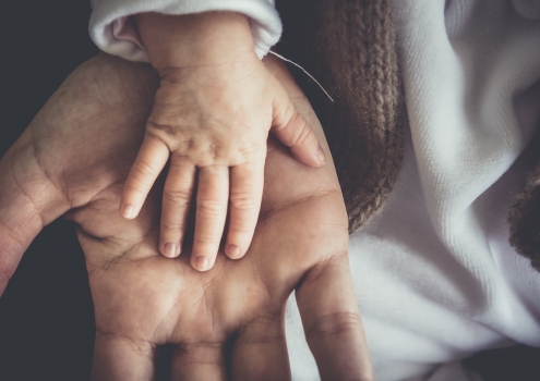 a baby's hand resting on the palm of an adult male hand