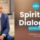 Rev Neusom Holmes in blue suit, white shirt sitting on sanctuary stage steps. Text: Spiritual Dialogue Thursdays 11:30 at Unity of the Triangle.
