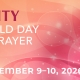 Unity World Day of Prayer, September 9-10 2026. Burgandy and white text over varying shades of pink background with starbursts.