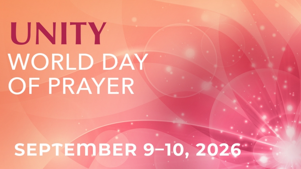 Unity World Day of Prayer, September 9-10 2026. Burgandy and white text over varying shades of pink background with starbursts.